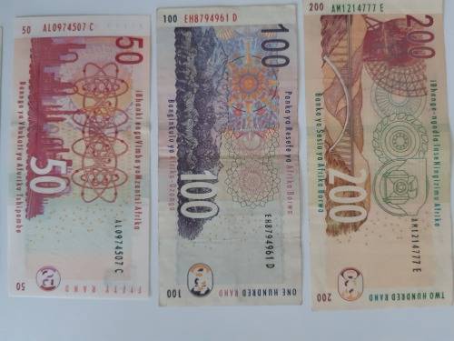 Set of R10, R20, R50 (UNC) and R100, R200 (used) 2nd issue Tito Mboweni South African Banknotes